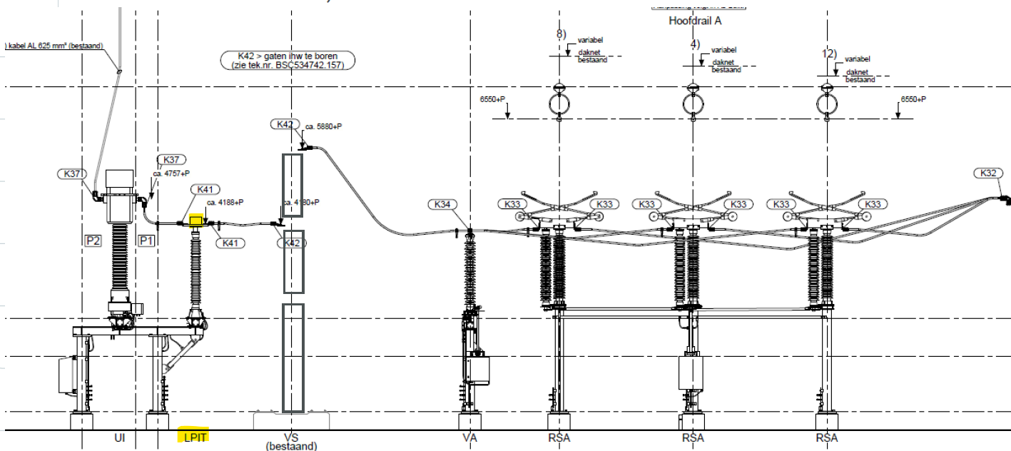 Figuur 2 – Zijaanzicht van een hoogspanningsveld, met helemaal links de combitransformator (voor stroom en spanning) en daarnaast de LPIT.
